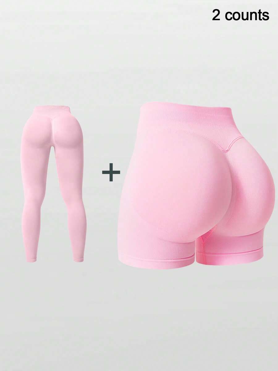 NcmRyu 2pcs Women Casual Sports Yoga Running Pants & Shorts Set, Spring/Summer - 粉色 - 查看 1