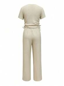 2 件女士休闲纯色短袖上衣和长裤套装，春夏