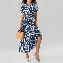 Women Casual Long Dress Smocked Waist Pintucked Hem Side Slant Pockets V-Neck Short Sleeve Flowy Maxi Dresses - Navy Blue - View 2
