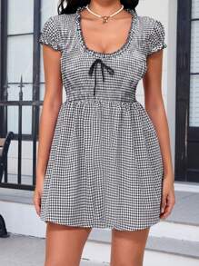 Women Mini Dress Short Sleeve V Neck Plaid Dress Summer A-Line Dress For Daily Party