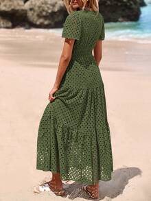 Women's Spring And Summer Maxi Dress Short Sleeve V Neck Hollow Out Eyelet A Line Long Flowy Wedding Guest Beach Vacation Dresses For Women - 軍綠色 - 查看 2