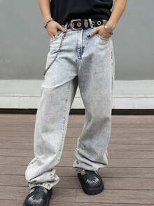 Men's Baggy Straight Jeans Street Style Loose Fit Vintage Denim Pants Full Length Y2K Look Casual No Stretch Blue Wash - 淺色水洗藍 - 查看 2
