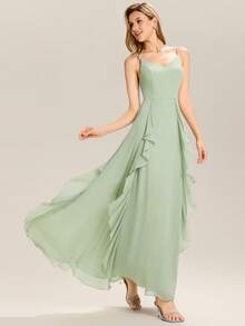 EVERPRETTY Flowy Ruffle V-Neck Sage Green Bridesmaid Dress, Suitable For Weddings, Birthdays, Formal Occasions - Mint Green - View 4