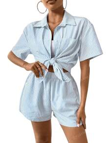 2pcs/Set Women Casual Striped Button Shirt And Shorts Set