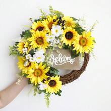1pc Sunflower Wreath With Welcome Sign, Spring/Summer Entrance Wreath, Suitable For Indoor/Outdoor Wall, Window, Farmhouse Home Decor