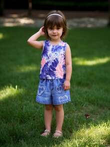 idolCat 2 Stück/Set Modische Herz-Muster Ärmellose Top und Burnout-Muster Shorts für Kleine Mädchen, geeignet für Sommer, Alltag, Urlaub, Outdoor, Party