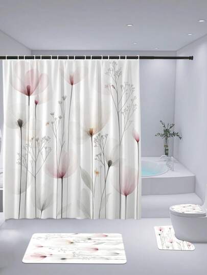 1-4pcs Elegant Watercolor Floral Pattern Shower Curtain Set, Waterproof Polyester Fabric, Minimalist Spring/Fall Decor Home Decor, Includes Toilet Lid Cover, U-Shaped Mat, Bathroom Anti-Slip Mat Bathroom Accessories Back To School Bathroom Decor