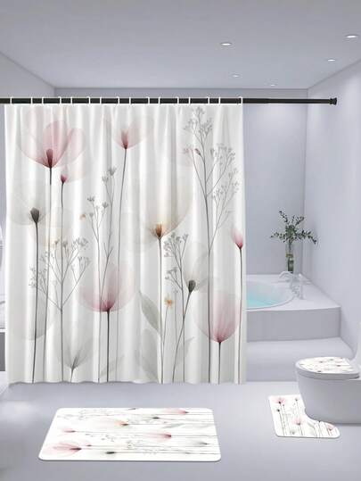 1-4pcs Elegant Watercolor Floral Pattern Shower Curtain Set, Waterproof Polyester Fabric, Minimalist Spring/Fall Decor Home Decor, Includes Toilet Lid Cover, U-Shaped Mat, Bathroom Anti-Slip Mat Bathroom Accessories Back To School Bathroom Decor