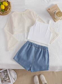3pcs Set Tween Girls' Fashionable Outfit: Hollow Design Top, Camisole And Light Wash Distressed Denim Shorts