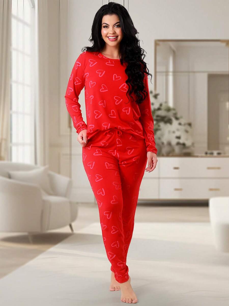 Women's Pajamas Suede Heart Pants And Long Sleeve Winter Top REF:PJCO - 紅色 - 查看 1