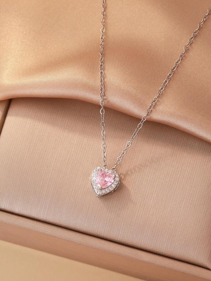 Hihho 1pc Pink Heart-Shaped Colorful Cubic Zirconia Necklace, Cute Elegant Women Clavicle Chain, Perfect Gift For Girlfriend, Suitable For Party And Daily Wear - Silver - View 1