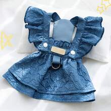 Vestidos de mezclilla para perros pequeños, ropa con anillo de correa, mangas voladoras, ropa de verano para gatos, trajes de Chihuahua azules - azul claro - Ver 4