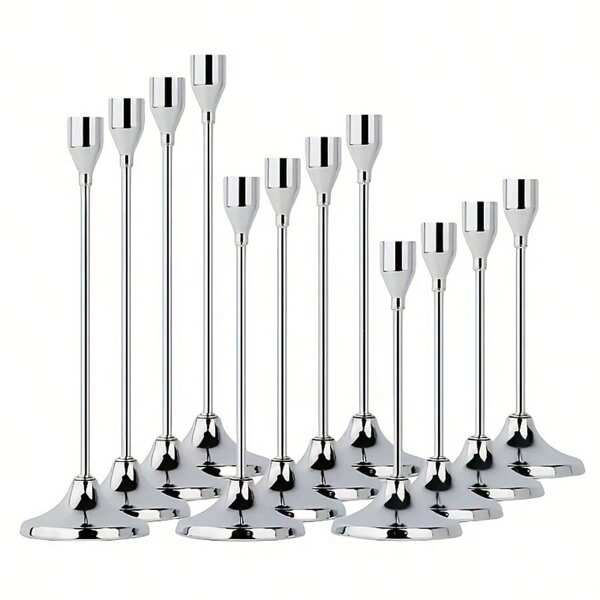 6/12pcs Silver Cone Shaped Detachable Candle Holders, Tabletop Decor, Candlelight Dinner Photo Props, Wedding Anniversary Ceremony, Home Decoration, Birthday Gifts, Suitable For Dining Table, Wedding, Catering, Party (Candles Not Included)