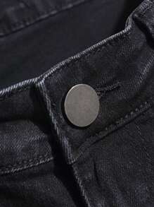 1pc Men's Slim Fit Distressed Black Straight Leg Casual Jeans, Elastic, With Pockets, Breathable, Suitable For City Walking, Family, Outdoor Activities, All Season