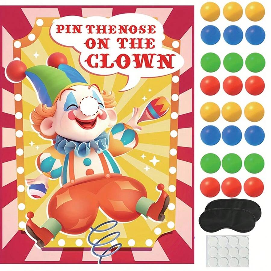Circus Carnival Party Game - Clown Nose Stickers, Circus Party Game, Clown Party Game, Birthday Party Game, Circus Event, Includes 2 Blindfolds And 24 Nose Stickers, Clown Theme Party Game, Carnival Party Supplies, School Classroom Office Party Game, Clown Poster, Carnival Event Gathering, Party Supplies, Birthday Party Supplies, Reusable Stickers - Multicolor - View 1