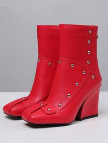 Women's Ankle Booties Chunky Heel  Square Toe Short Boots Pull On Biker Boot Back Zipper Boots Fashion Fall Bootie - Red - View 5