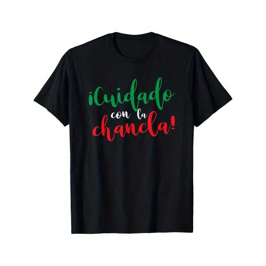 Most Popular Men's 100% Cotton T-Shirt - "Beware Of La Chancla" Funny Mexican Mother Gift, Short Sleeve Casual Tee, Black With Colorful Lettering, Lightweight & Breathable For Casual Attire, Casual Wear Tee | Playful Graphic Tee | Breathable Material - Black - View 1