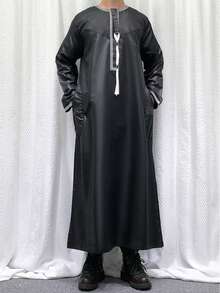 New Solid Color Round Neck Embroidered Tasseled Abaya Robe, Long Sleeve Arabian Saudi Men Robe - Black - View 4
