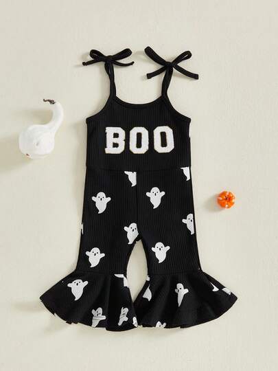 Toddler Baby Girl Halloween Overalls Jumpsuit  Sleeveless Ghost Print Letter Embroidery Tie-Up Spaghetti Straps Flared Pants Romper Summer One Piece Outfit
