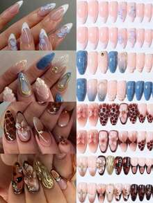 花朵指甲 96 件（4 种混合）长杏仁 3D 凝胶指甲制作花朵指甲与仿珍珠装饰设计法式亚克力按压指甲杏仁完美贴合假指甲套装，包括：1 件果冻胶和 1 件指甲锉，易于佩戴的夏季指甲和法式尖头指甲艺术，适合女性和女孩日常佩戴和派对使用指甲用品指甲