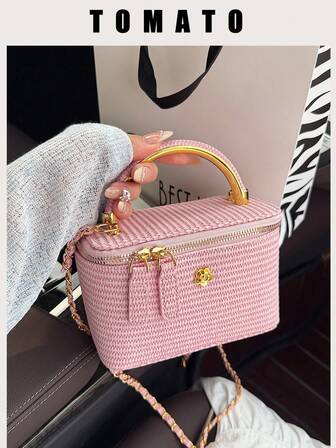 1pc Black Casual Versatile Handbag, Fashion Embroidered Checkered Fabric, Suitable For Carrying Phone, Lipstick, Coins At Work