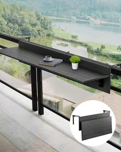 KOMHTOM Mesa colgante para balcón, mesa plegable, barandilla de terraza, mesa de bar, con soporte de acero inoxidable + tablero de PS, ajustable, plegable, colgante, resistente a la intemperie, mesa de servicio para la terraza, 1220 x 300 mm, color negro