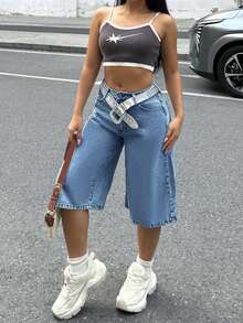 Jeans a vita alta, a gamba larga e a sette punti, con tasche con ricamo a farfalla, stile Y2K, per donne