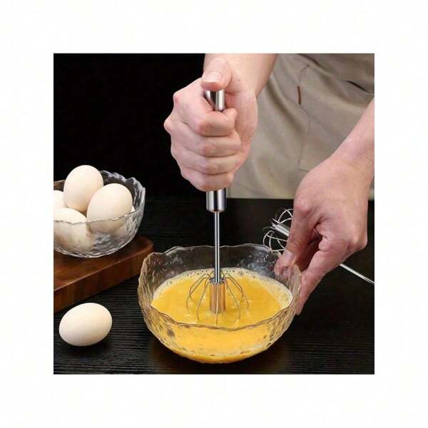 1pc Portable Stainless Steel Semi-Automatic Rotary Whisk For Home Baking, Camping, And Picnics - Effortlessly Mix Eggs And Cream For Perfect Results