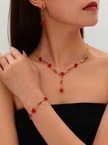 Conjunto de 4 peças de colar, pulseira e brincos vintage com design de folhas e flores de liga, presente e uso diário