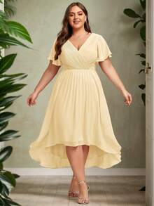 Plus Size Chiffon V-Neck Ruffle Sleeve A-Line Mid-Length Wedding Guest Dress, Yellow Bridesmaid Dress - Yellow - View 7