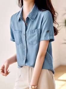 New Summer Women's Short Sleeve Denim Shirt, Fashionable Casual Retro Fresh Versatile Blouse - Blue - View 3