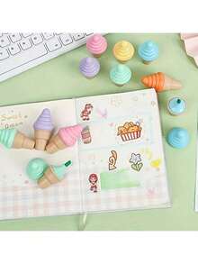 6pcs/Set Creative Cartoon Ice Cream Shaped Fluorescent Highlighter Pens, Portable Mini Marker Pen, Ice Cream Diary Pen, Suitable For Students, Back To School, School Supplies, Cute Stationery, Colored Writing, Stationery, Pens, Colorful Marker Pens, Christmas Small Gift, Bag Size Around 8.4cm X 10.4cm (Assorted Styles In The Picture) - Multicolor - View 7