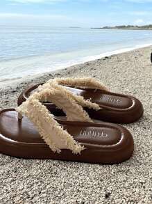 Sandali estivi da donna infradito - infradito da spiaggia con tomaia in tessuto morbido e suola in gomma, sottopiede imbottito per uso casual all'aperto, colore marrone, scarpe da spiaggia, con decorazioni con nappine