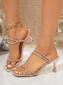 Teenage Girls Rhinestone Strap Flip Flops, Casual Holiday Glamorous High Heel Open Toe Sandals - Champagne - View 2