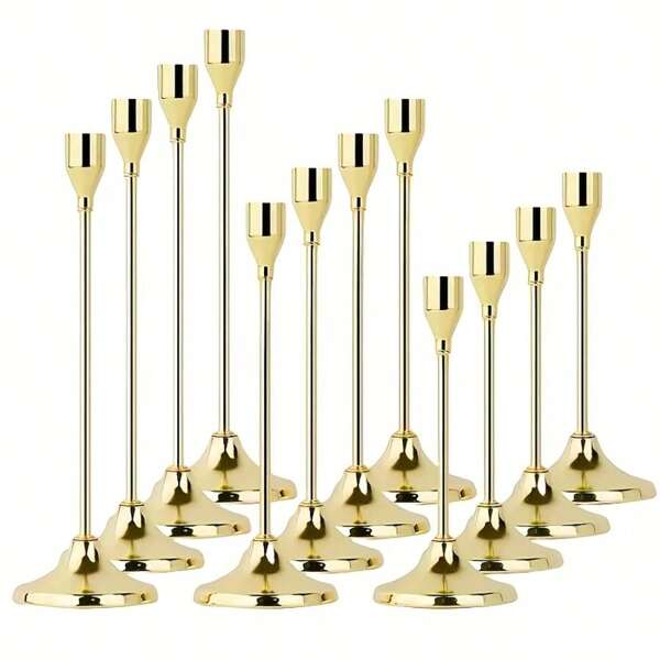 6/12pcs Faux Gold Candle Holders, Cone Shaped, Detachable Candlesticks, Tabletop Decor, Candlelight Dinner, Photo Props, Wedding Anniversary, Home Decoration, Birthday Gift, Suitable For Table Center Pieces, Weddings, Catering, Parties (Candles Not Included)