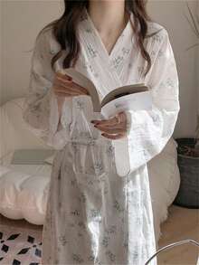 1 Pc Women's Spring/Autumn New Korean Style Ditsy Floral Long Robe, Loose Kimono Bathrobe Back To School - Multicolor - View 3