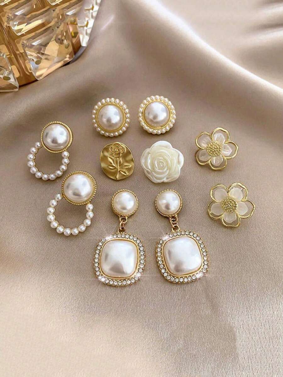 5 件/套简约方形仿珍珠花卉水钻耳环,简约优雅几何耳钉套装,适合女性派对、婚礼、日常佩戴、节日 - 彩色 - 查看 1