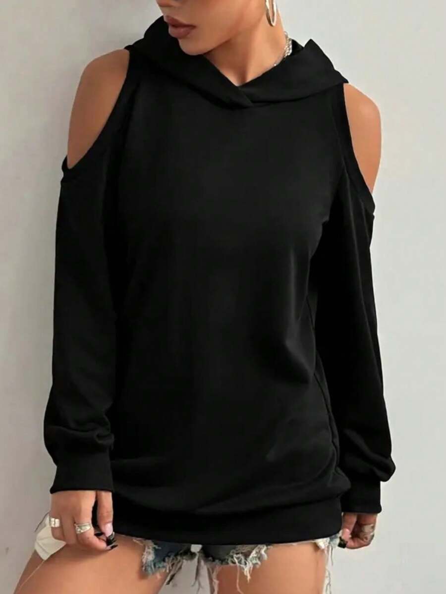 Plus Size Women's Solid Color Open Shoulder Long Hoodie Sweatshirt Spring Black - Black - View 1