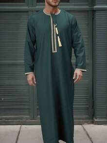 New Style Solid Color Round Neck Embroidered Tassels Saudi Arabia Arab Thobe Robe, Long Sleeve For Men - Green - View 1