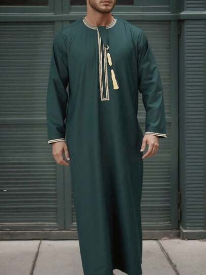 New Style Solid Color Round Neck Embroidered Tassels Saudi Arabia Arab Thobe Robe, Long Sleeve For Men