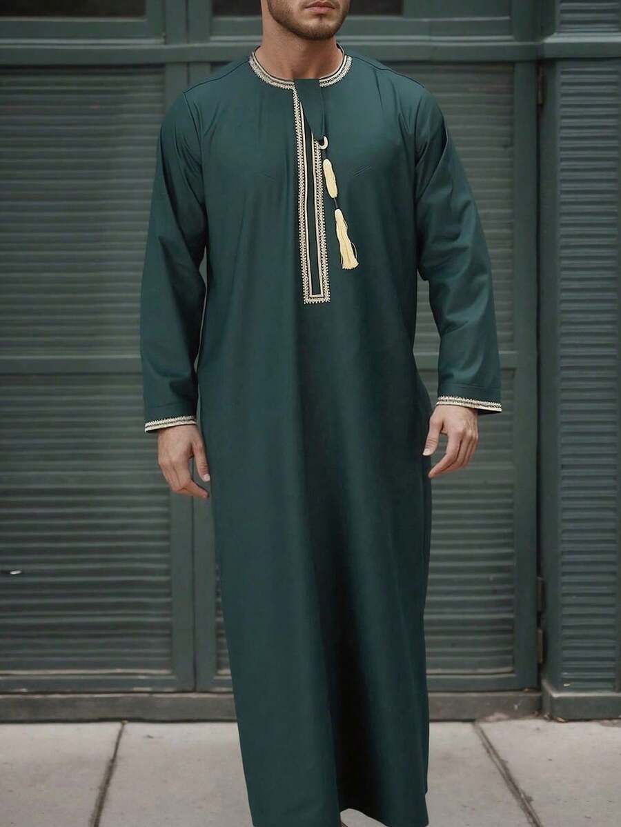 New Style Solid Color Round Neck Embroidered Tassels Saudi Arabia Arab Thobe Robe, Long Sleeve For Men - Green - View 1