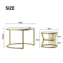 Juego de 2 mesas de centro nido, diseño de mármol, aglomerado, estructura de metal, mesa auxiliar para balcón, mesa de salón, redonda, dorada