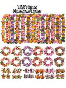 1-10pcs/1Set Hawaiian Luau Party Pack - Tropical Leis, Necklaces, Headbands & Wristbands Set For Beach-Themed Birthdays, Weddings & Vacations , Beach Vacation Hair Decor, Wedding Festival Essential - Polyester, No Batteries Required(4pcs/Set,Embody Chest Ring,Headband,Wristband*2) - Multicolor - View 1