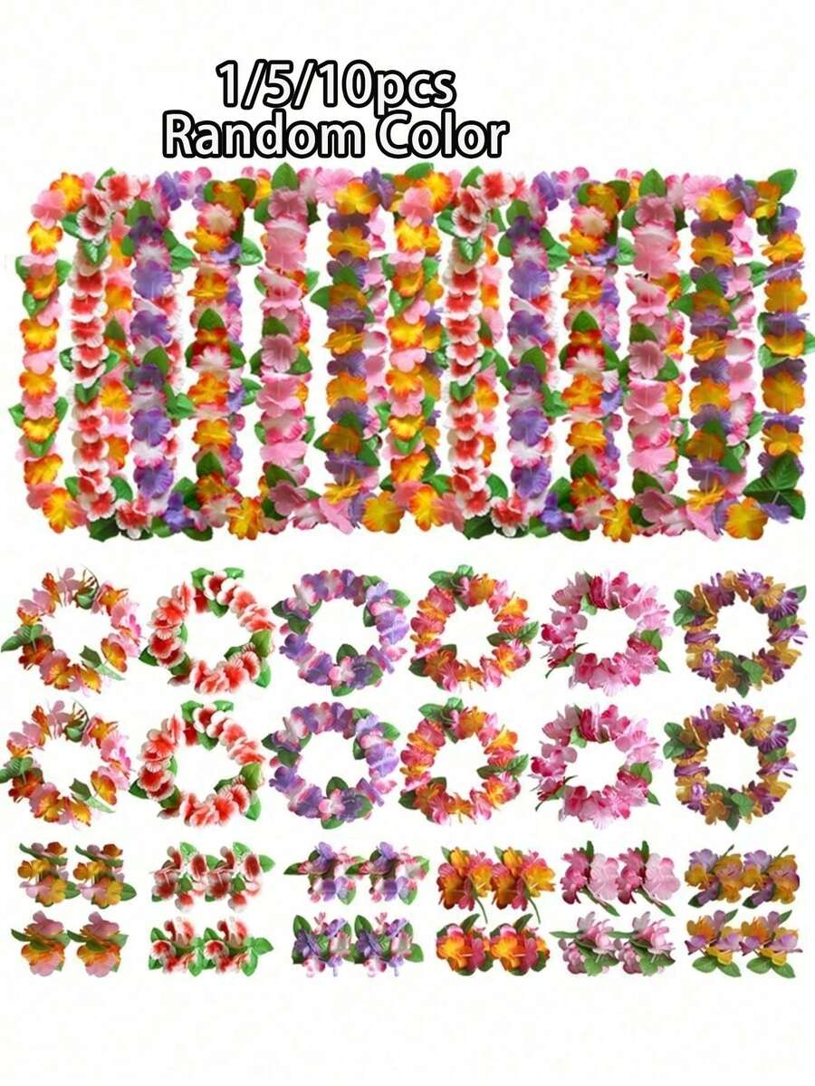 1-10pcs/1Set Hawaiian Luau Party Pack - Tropical Leis, Necklaces, Headbands & Wristbands Set For Beach-Themed Birthdays, Weddings & Vacations , Beach Vacation Hair Decor, Wedding Festival Essential - Polyester, No Batteries Required(4pcs/Set,Embody Chest Ring,Headband,Wristband*2) - Multicolor - View 1