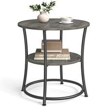 VASAGLE Mesa Auxiliar, Mesa Auxiliar con 2 Estantes, Mesa Redonda Pequeña para Salón, Dormitorio, Industrial, Gris Paloma y Negro Tinta - Gris - Ver 2