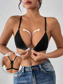 LianShengFa Sutien fără armătură cu închidere frontală 1 buc, lenjerie din dantelă respirabilă cu bretele reglabile, fără căptușeală, moale și confortabil, purtare zilnică pentru femei