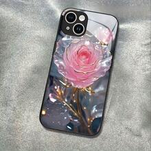 Pink Glass Rose Gold Accents Elegant Art Element Design-Crystal Clear White Glass Phone Case For IPhone 14 Pro/IPhone[16/15/14/13/12/11 Pro Max] Series - HD Scratch-Resistant Tempered Glass Cover, Slim Glossy Protective Case/ Ideal Gift For Boyfriend, Bestie, Friends & Boss (Business/Casual Use) - Black - View 3