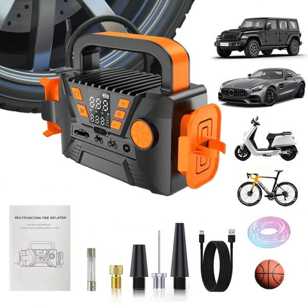 Inflador de neumáticos portátil, compresor de aire eléctrico inalámbrico con parada automática inteligente para neumáticos de automóvil, 5 veces talla grande rápido 150 PSI, bomba de bicicleta eléctrica con luz LED y manómetro digital, adecuado para motocicleta, coche, balón y bicicleta