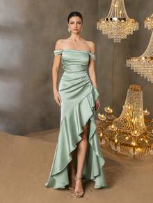 Faeriesty 优雅缎面晚礼服 - 露肩不对称下摆，侧开衩，荷叶边拖尾，时尚美人鱼轮廓，适合红毯盛宴、婚礼活动和正式晚宴 - 薄荷綠 - 查看 5