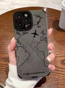 Funda de teléfono con textura mate gris - Diseño de mapa mundial y avión, cita romántica - Estilo inspirado en viajes - Compatible con iPhone: 13, 14, 15, 16 Pro Max, 16, 15 Plus